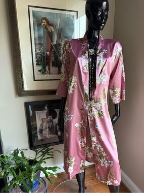 Floral Satin Kimono Duster | Dusty Rose Open Front Layering Piece | L
